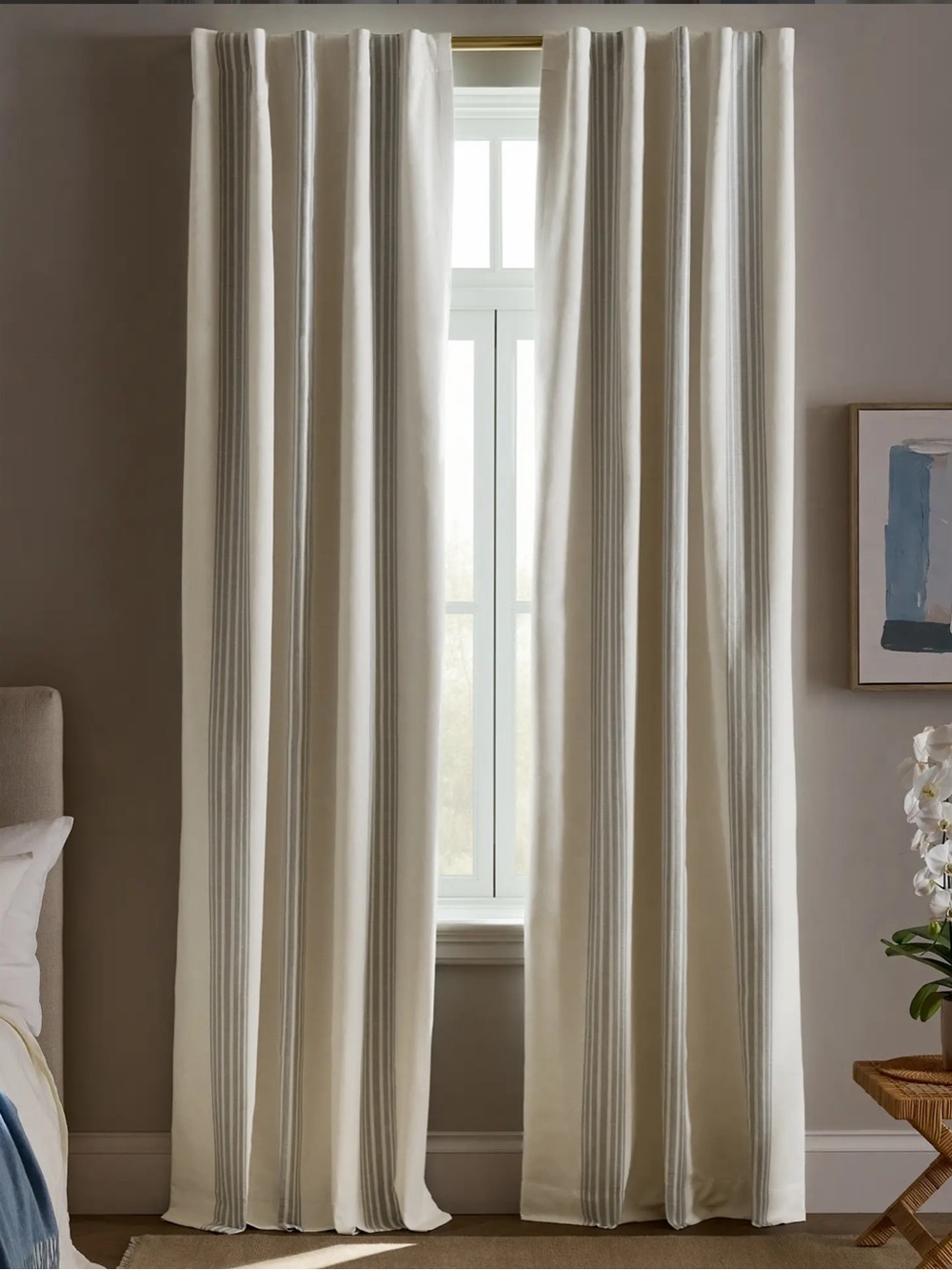 QUINCE Coastal Stripe Linen Cotton Curtain Single Panel Ivory and Fog 48X96